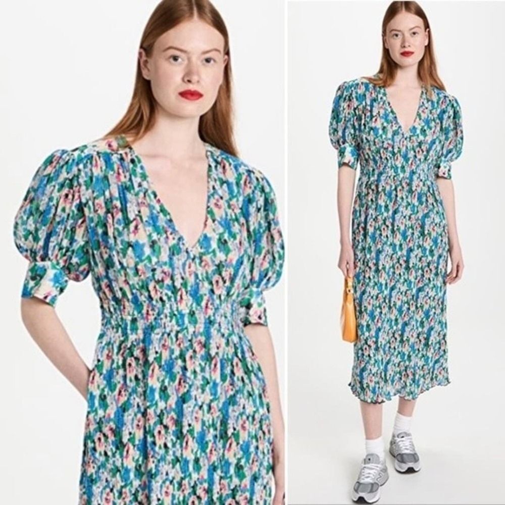NWT Ganni Pleated Georgette Midi Dress Puff Sleeves Floral Azure Blue, Size 8
